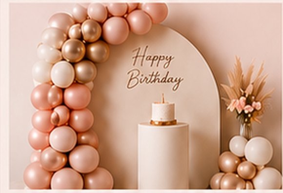 Small blush and gold balloon garland with an arch backdrop, cake stand, and dried florals