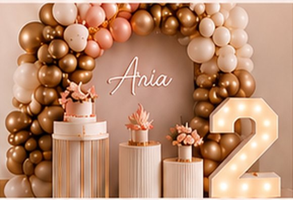 Gold, blush, and cream balloon arch with a light-up marquee number and tiered dessert stands